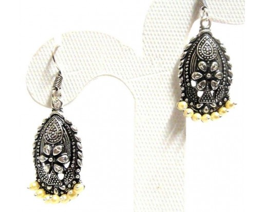 Silver Oxidized Oval Floral Earring - Hook Dangle Drop Long Tribal - Cream Beads